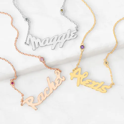 Sterling Silver Bold Script Name and Birthstone Necklace sold by Limoges Jewelry