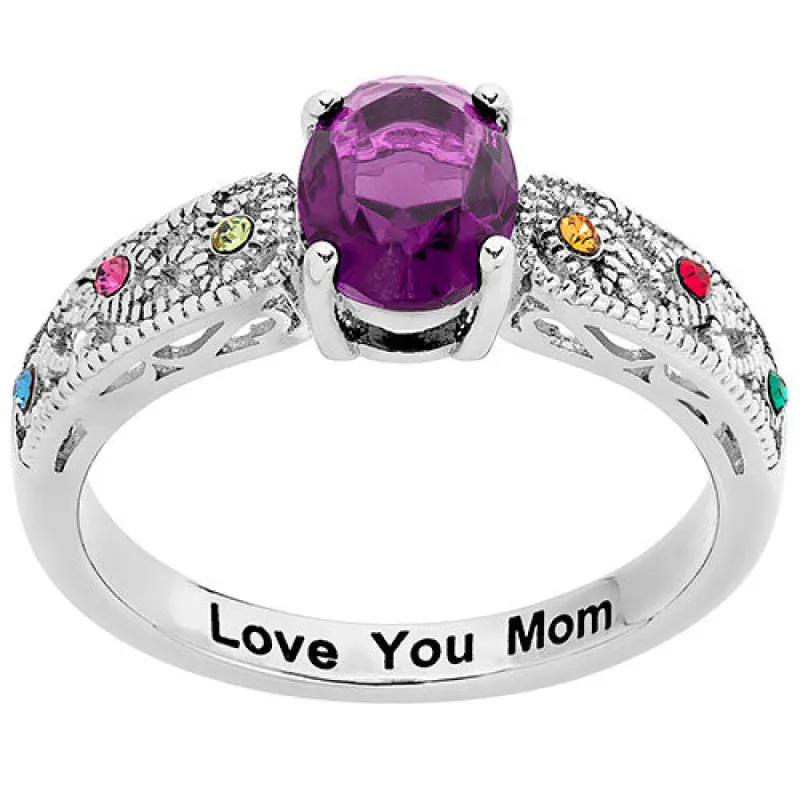 Silver Plated Filigree Oval Family Birthstone Ring sold by Limoges Jewelry