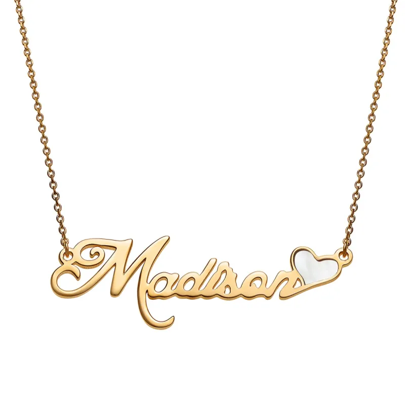 Script Name Plaque Necklace with White Enamel Heart sold by Limoges Jewelry