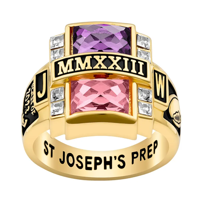 Men's 14K Gold Plated Double Birthstone & CZ Rectangle Class Ring sold by Limoges Jewelry