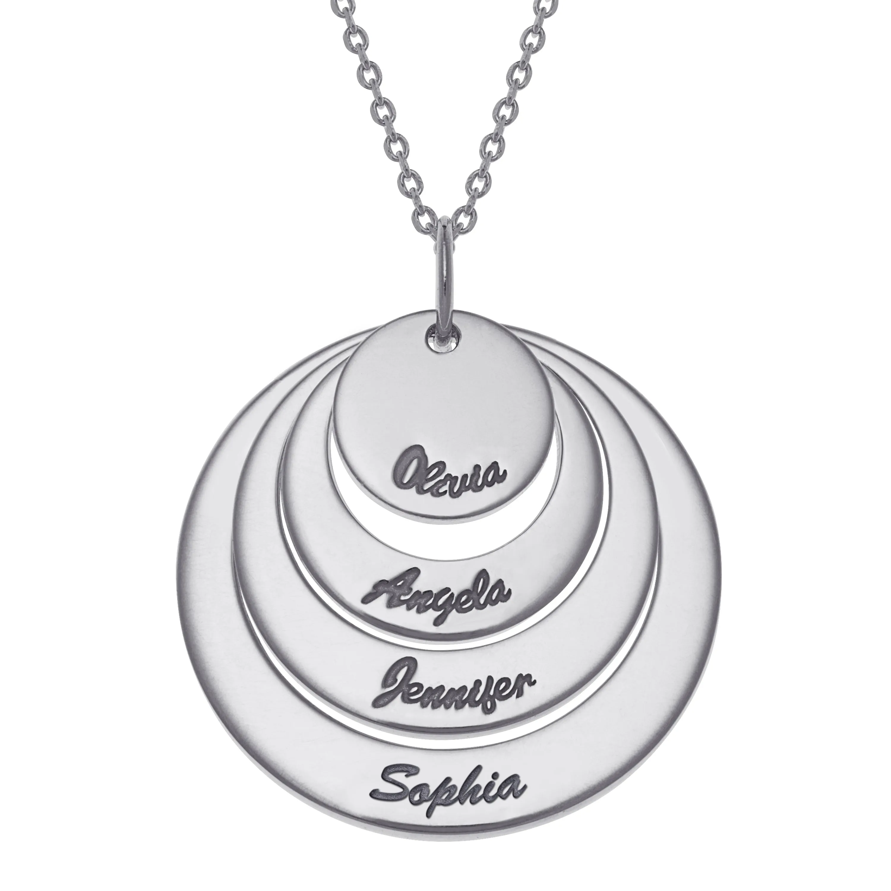 Sterling Silver Nesting Circles with Names Necklace sold by Limoges Jewelry
