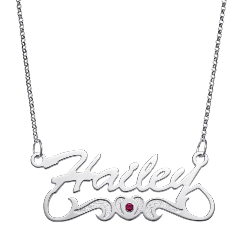 10K White Gold Script Name Necklace with Birthstone Heart Tail made by Limoges Jewelry