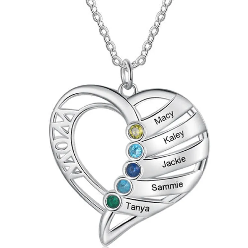 Silver Plated Engraved Birthstone Open Heart Mom Necklace sold by Limoges Jewelry