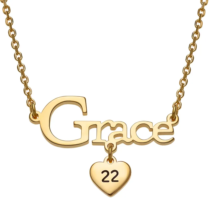 14K Gold over Sterling Graduation Name and Year with Heart Charm Necklace sold by Limoges Jewelry