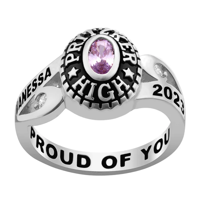 Ladies' Sterling Silver Cubic CZ Scroll Bypass Birthstone Class Ring sold by Limoges Jewelry