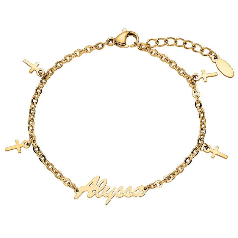 Gold Stainless Steel Name Bracelet with Cross Charms sold by Limoges Jewelry