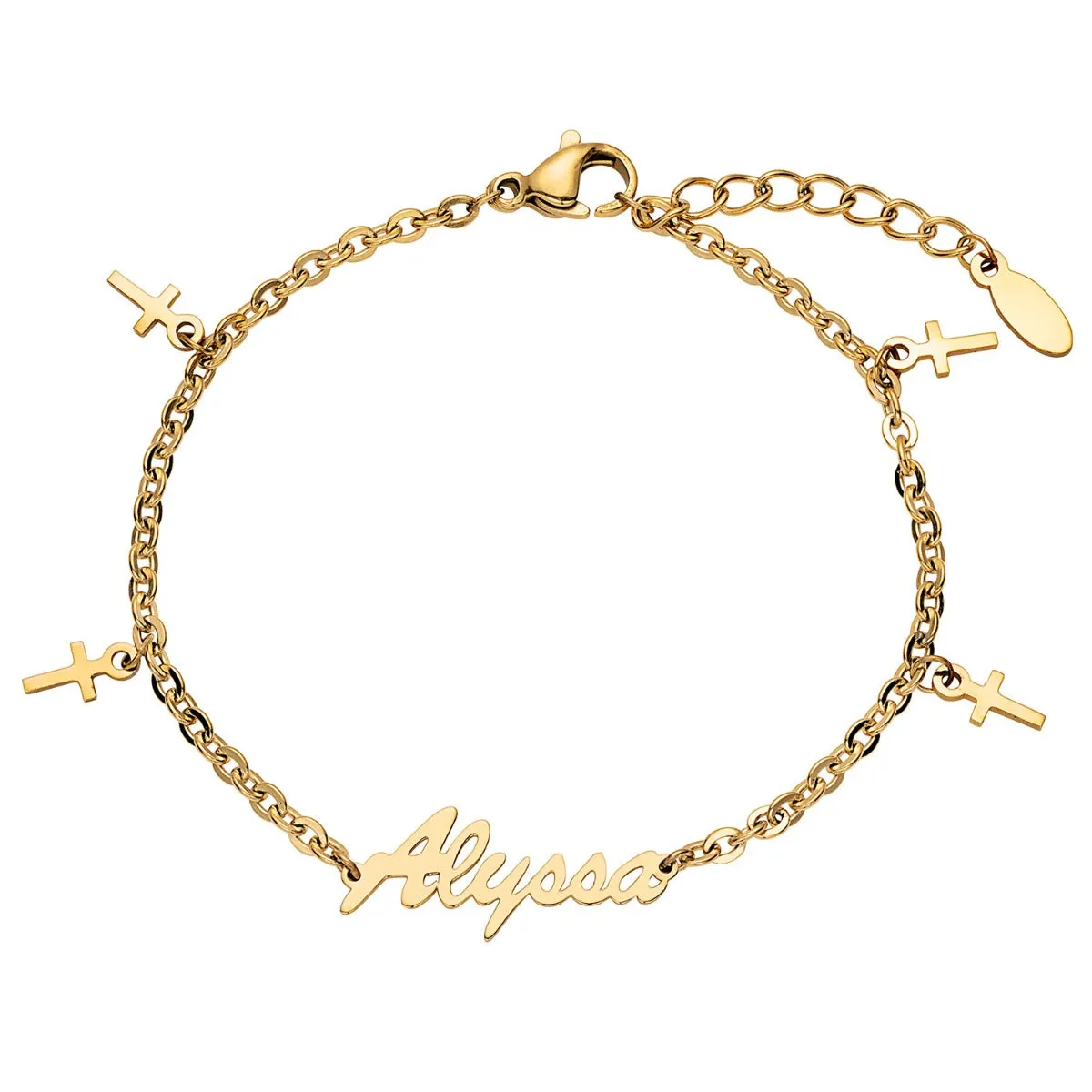Gold Stainless Steel Name Bracelet with Cross Charms sold by Limoges Jewelry