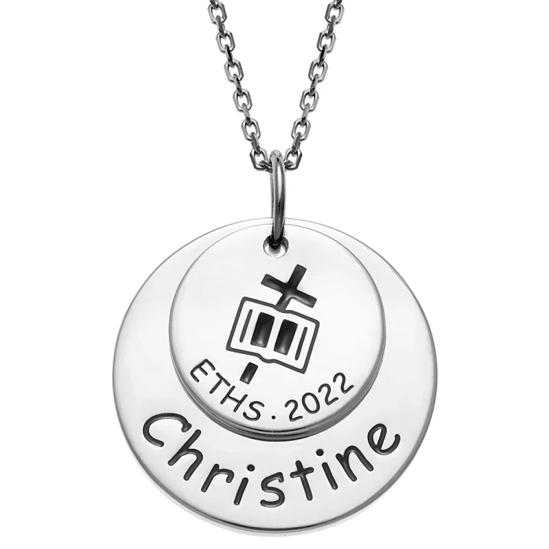 Sterling Silver Graduation Double Disc Necklace with Engraved Cross and Bible sold by Limoges Jewelry