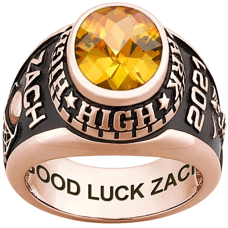 Men's Rose Gold CELEBRIUM Traditional Oval Checkerboard Birthstone Class Ring sold by Limoges Jewelry