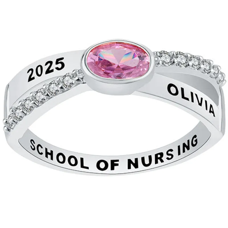 Women's Sterling Silver Crossover Oval Birthstone Fashion Class Ring sold by Limoges Jewelry
