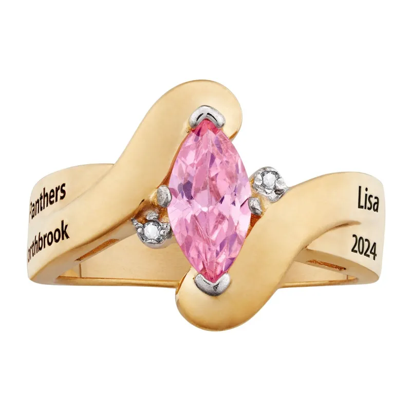14K Gold over Sterling Marquise Birthstone & Diamond Wrap Class Ring sold by Limoges Jewelry