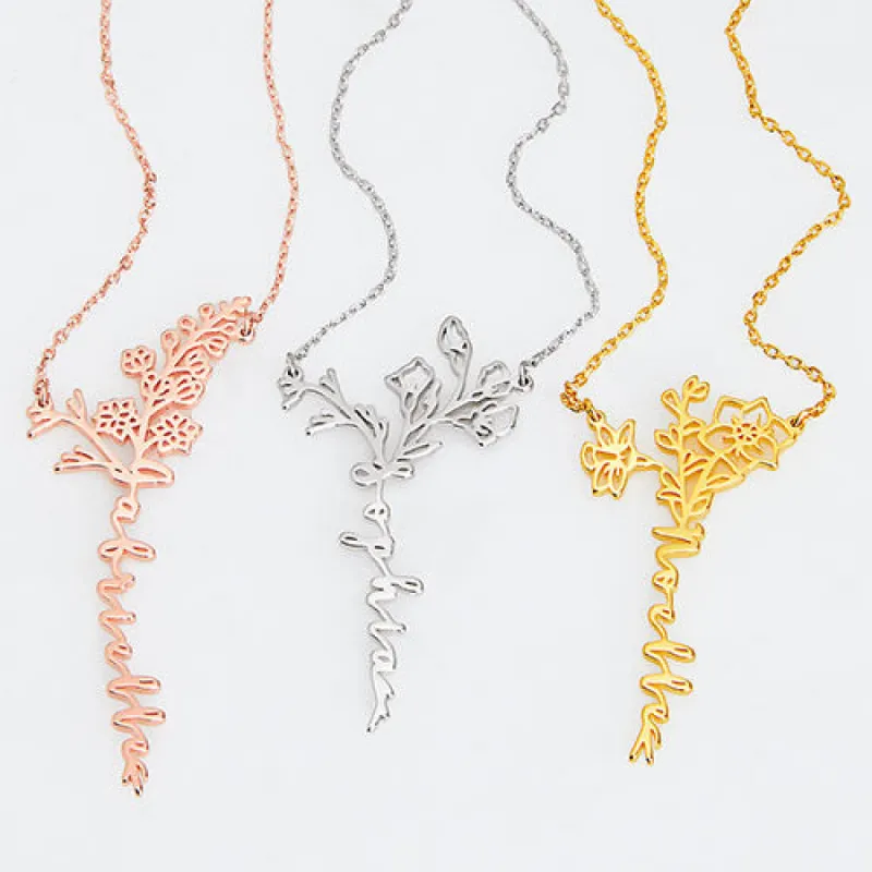 Personalized Vertical Script Name with Birthmonth Flower Bouquet Necklace sold by Limoges Jewelry