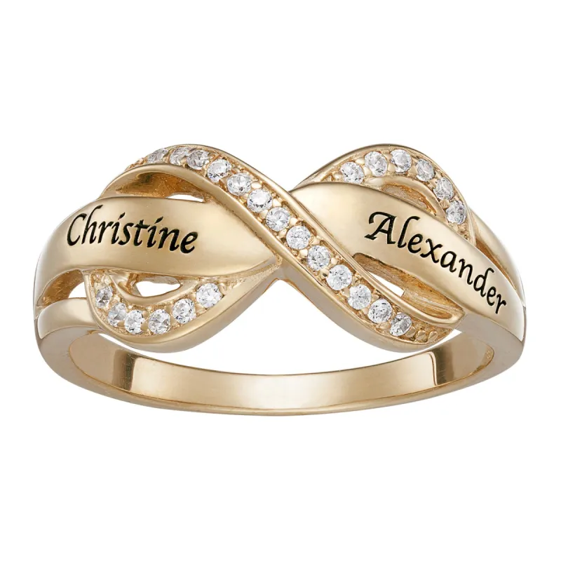 14K Gold over Sterling Couples Engraved Name Infinity CZ Ring made by Limoges Jewelry