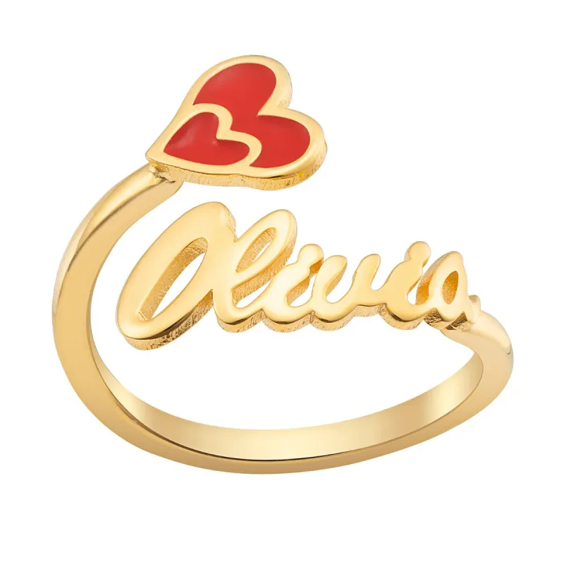14K Gold Plated Script Name with Enamel Heart Bypass Ring sold by Limoges Jewelry