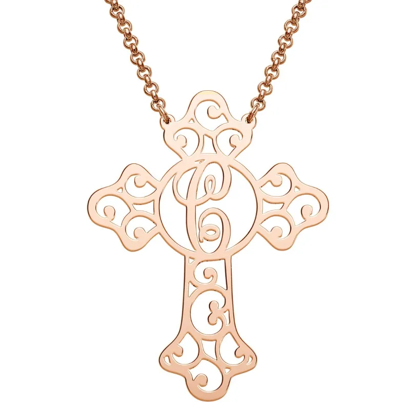 14K Rose Gold Plated Filigree Cross with Initial Necklace sold by Limoges Jewelry