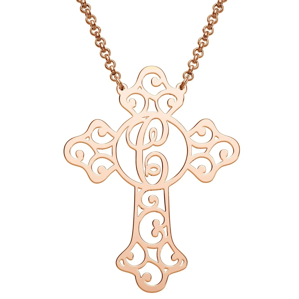 14K Rose Gold Plated Filigree Cross with Initial Necklace sold by Limoges Jewelry