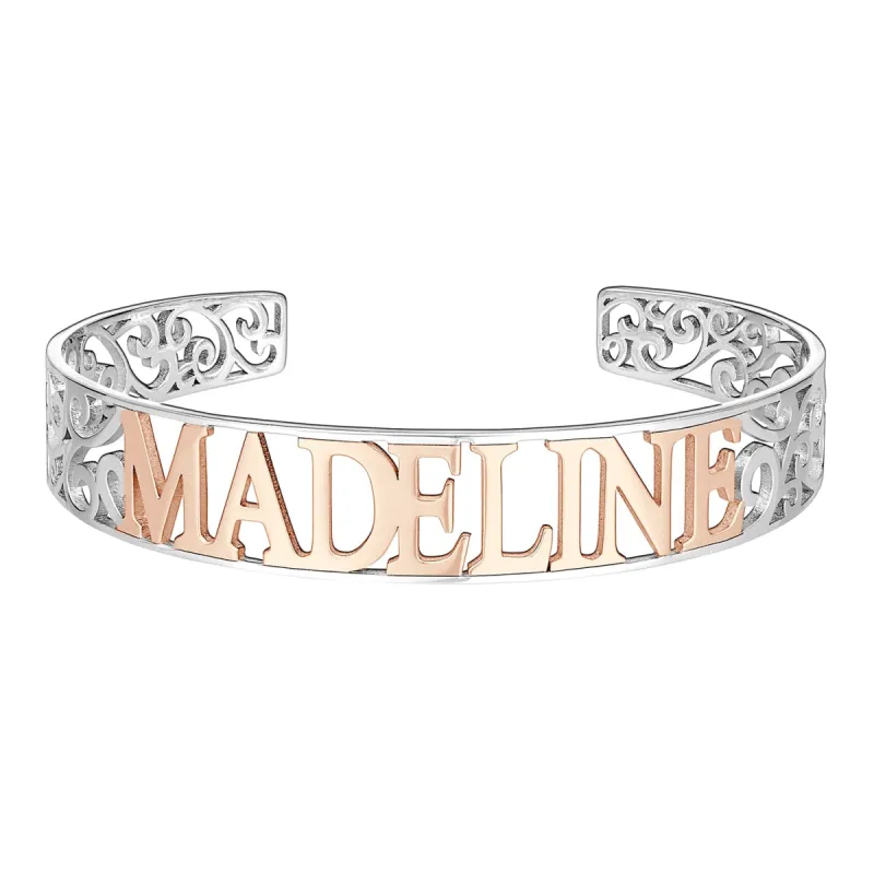 Two-Tone Sterling Silver and 14K Rose Gold Name Plated Cuff with Filigree Design sold by Limoges Jewelry