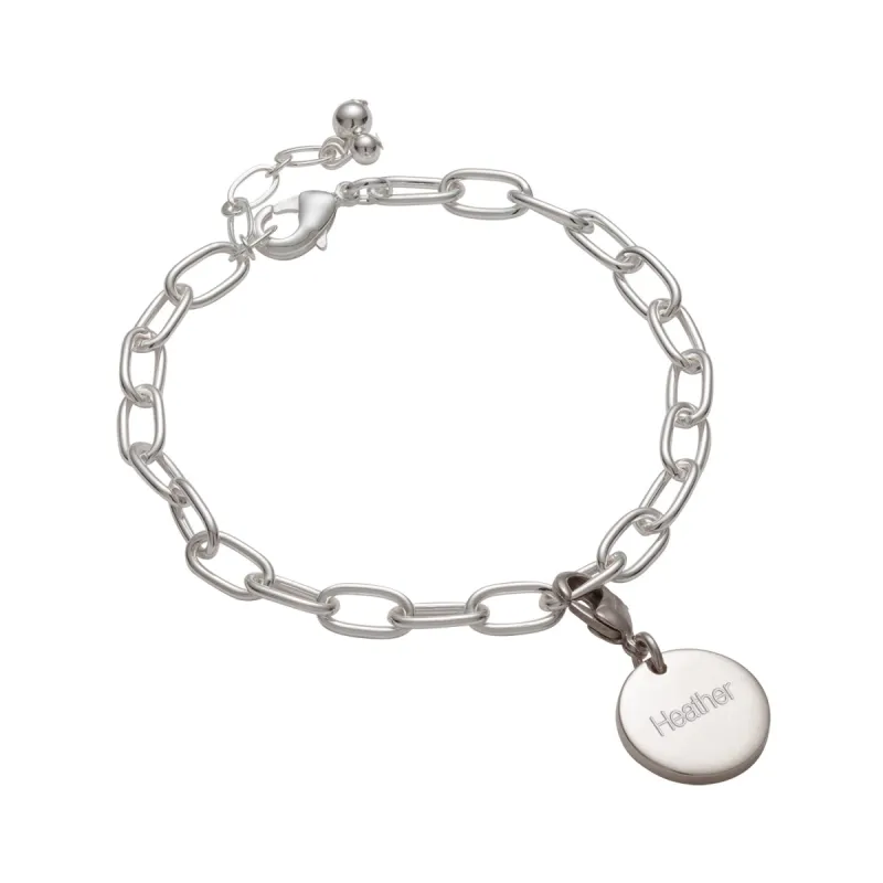 Silver Plated Engraved Round Charm with Oval Link Bracelet sold by Limoges Jewelry
