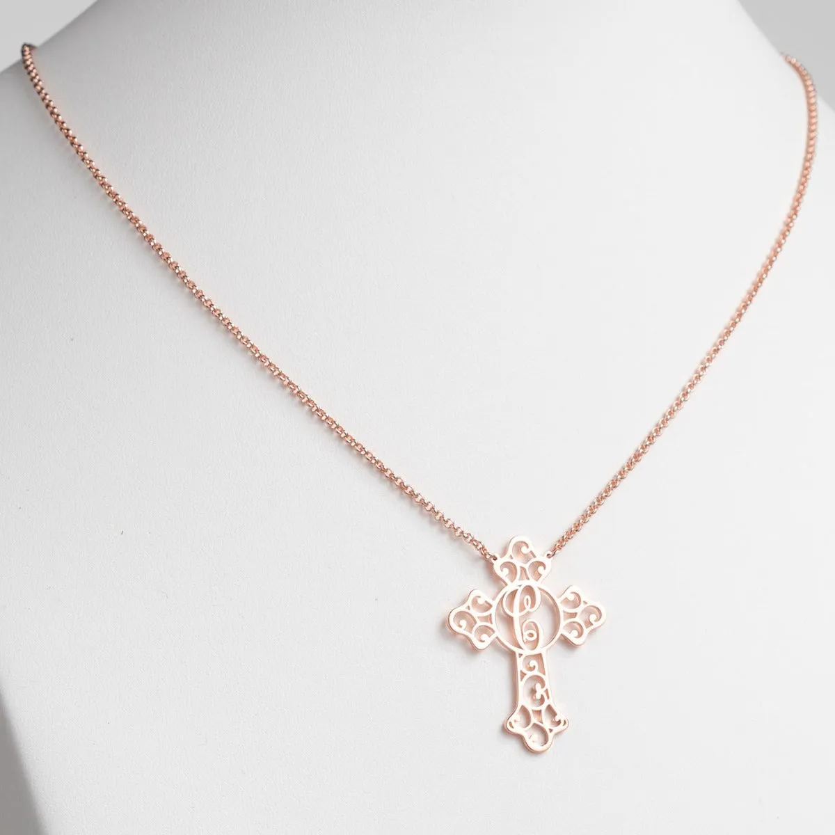 14K Rose Gold Plated Filigree Cross with Initial Necklace sold by Limoges Jewelry product image thumbnail 2