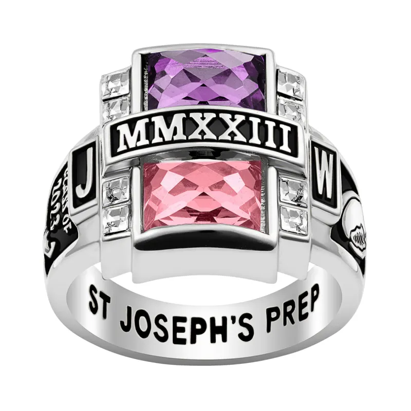 Men's Silver Plated Double Birthstone & CZ Rectangle Class Ring sold by Limoges Jewelry