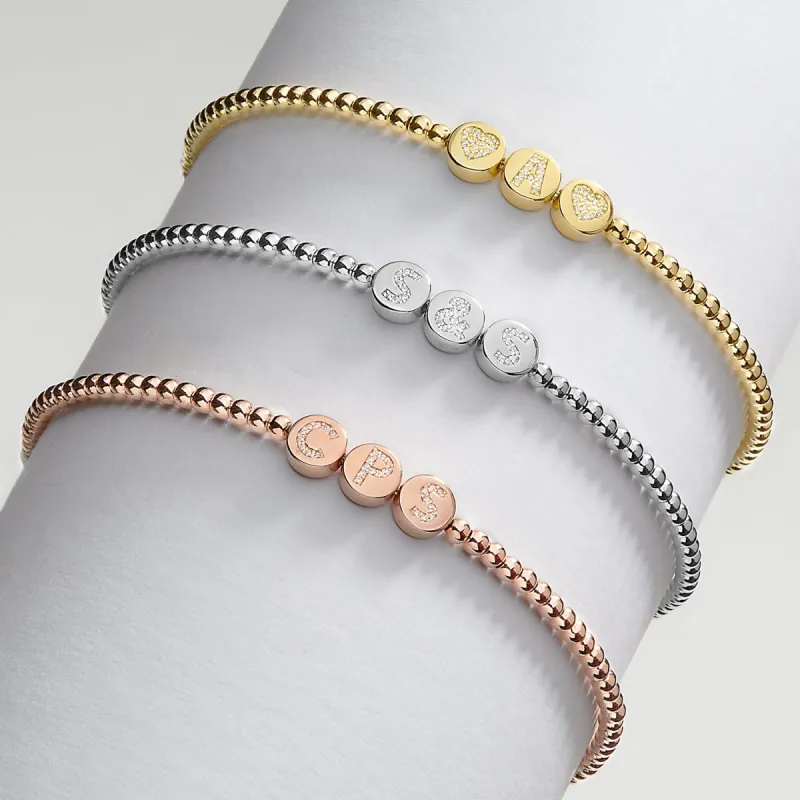 Pave CZ Initials Slider Charm Pave Initials Station Beaded Bracelet sold by Limoges Jewelry