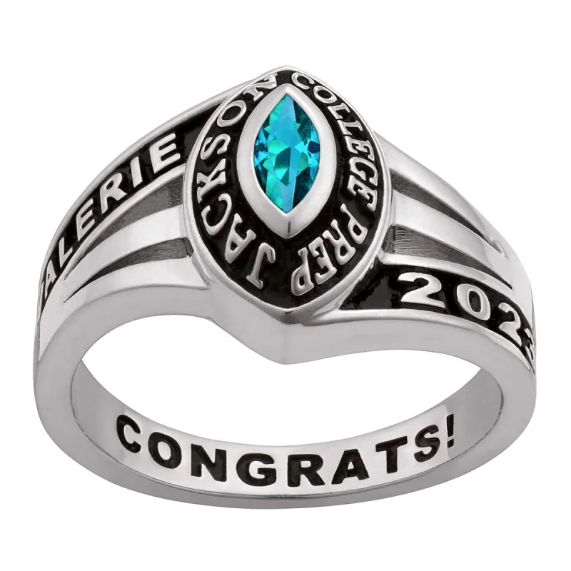 Ladies Platinum Plated  Celebrium? Marquise Birthstone Class Ring sold by Limoges Jewelry