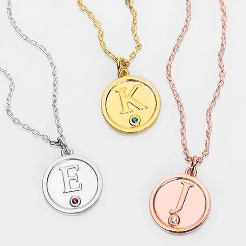 Petite Embossed Initial with Birthstone Disc Necklace sold by Limoges Jewelry