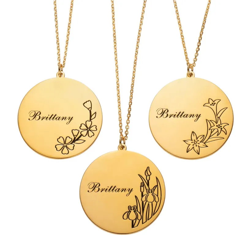 14K Gold Plated Engraved Name and Birth Flower Necklace sold by Limoges Jewelry