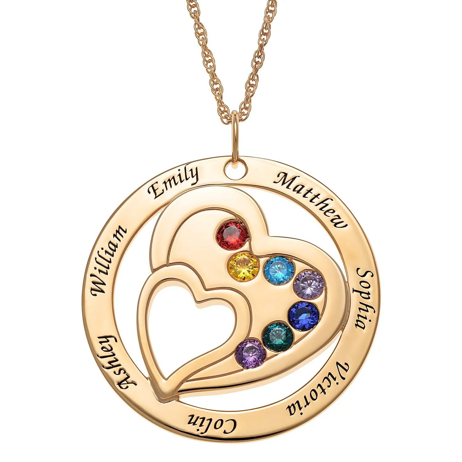 14K Gold over Sterling Engraved Family Name and Birthstone Necklace sold by Limoges Jewelry