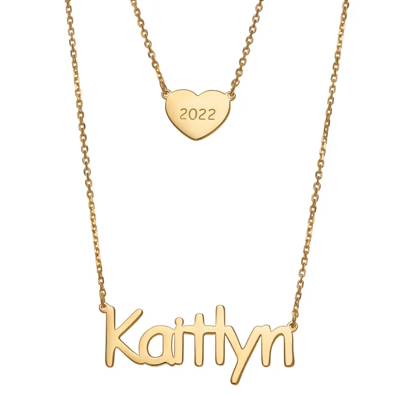 14K Gold over Sterling Name and Heart with Year Layered Double Necklace sold by Limoges Jewelry