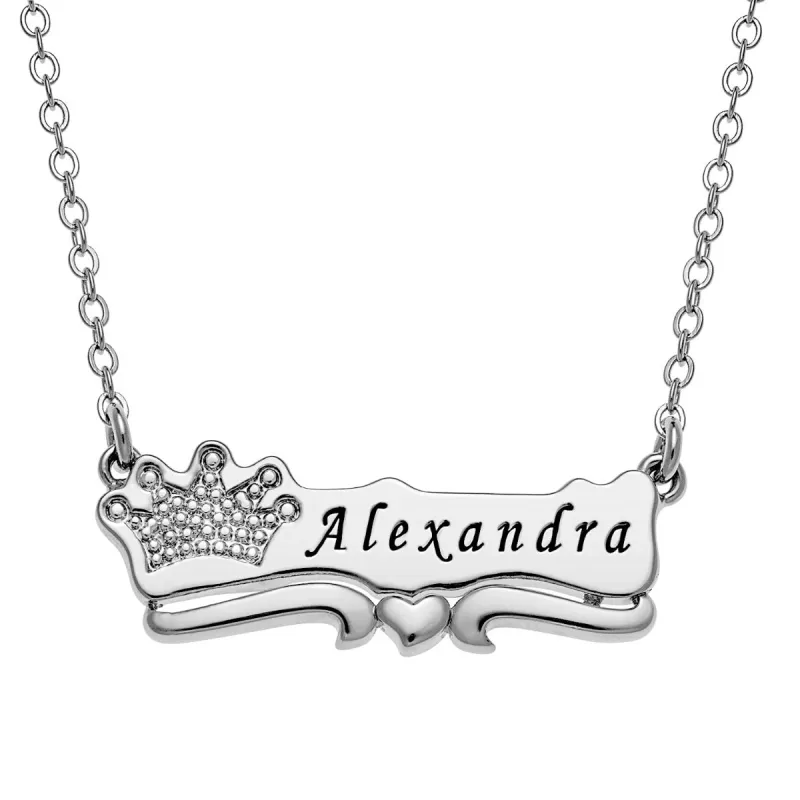 Engraved Name with Crown Plaque Necklace sold by Limoges Jewelry