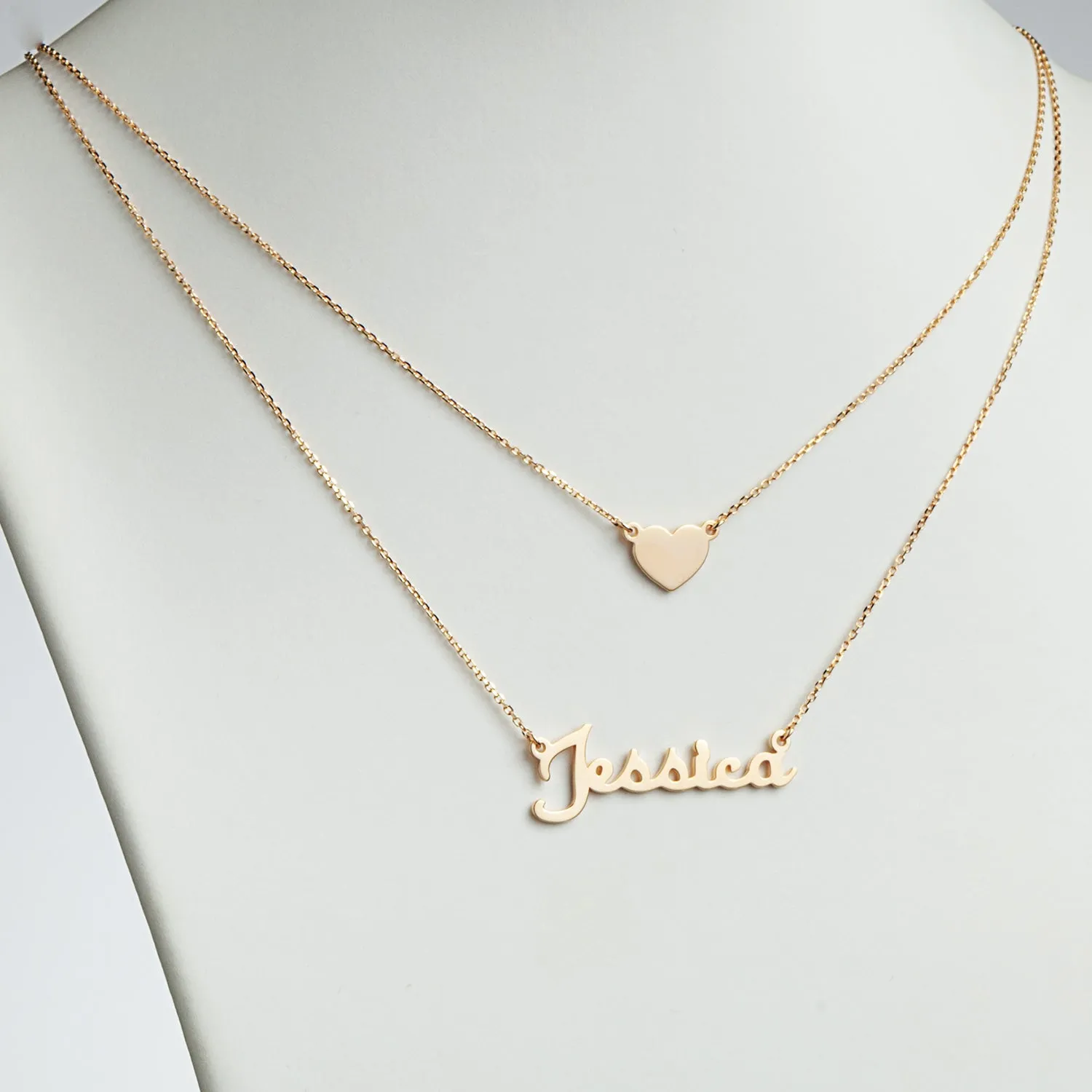 14K Gold over Sterling Script Name and Heart Layered Double Necklace sold by Limoges Jewelry product image thumbnail 2