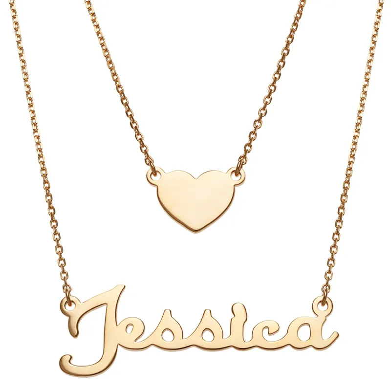 14K Gold over Sterling Script Name and Heart Layered Double Necklace sold by Limoges Jewelry