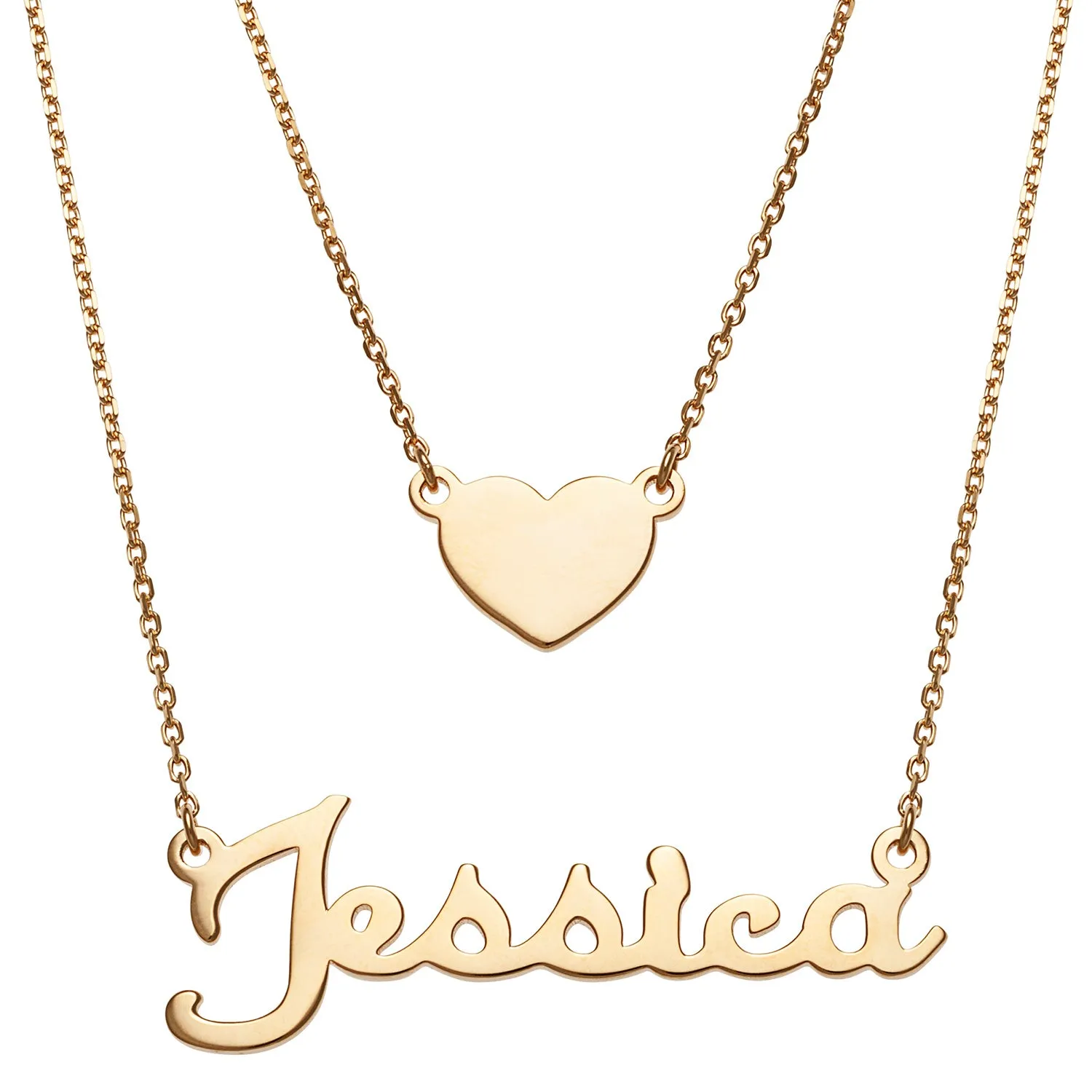 14K Gold over Sterling Script Name and Heart Layered Double Necklace sold by Limoges Jewelry