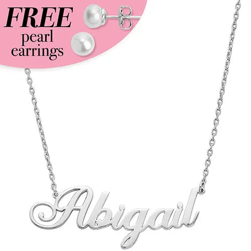 Sterling Silver Fancy Script Name Plaque with Free Fresh Water Pearl Earrings sold by Limoges Jewelry