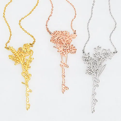 Sterling Silver Vertical Script Name with Birthmonth Flower Necklace sold by Limoges Jewelry