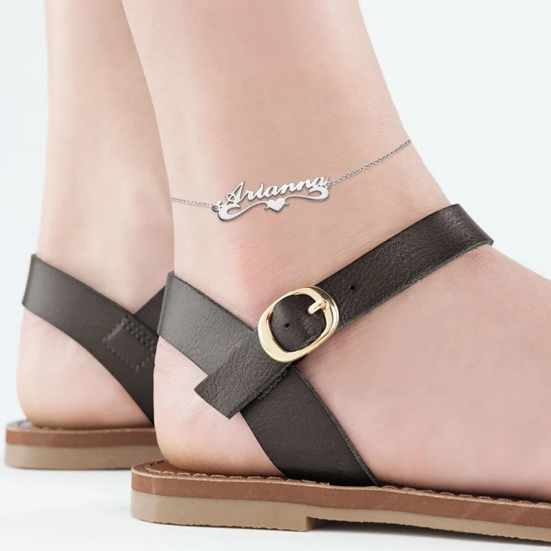 Sterling Silver Petite Script Name with Heart Tail Anklet sold by Limoges Jewelry