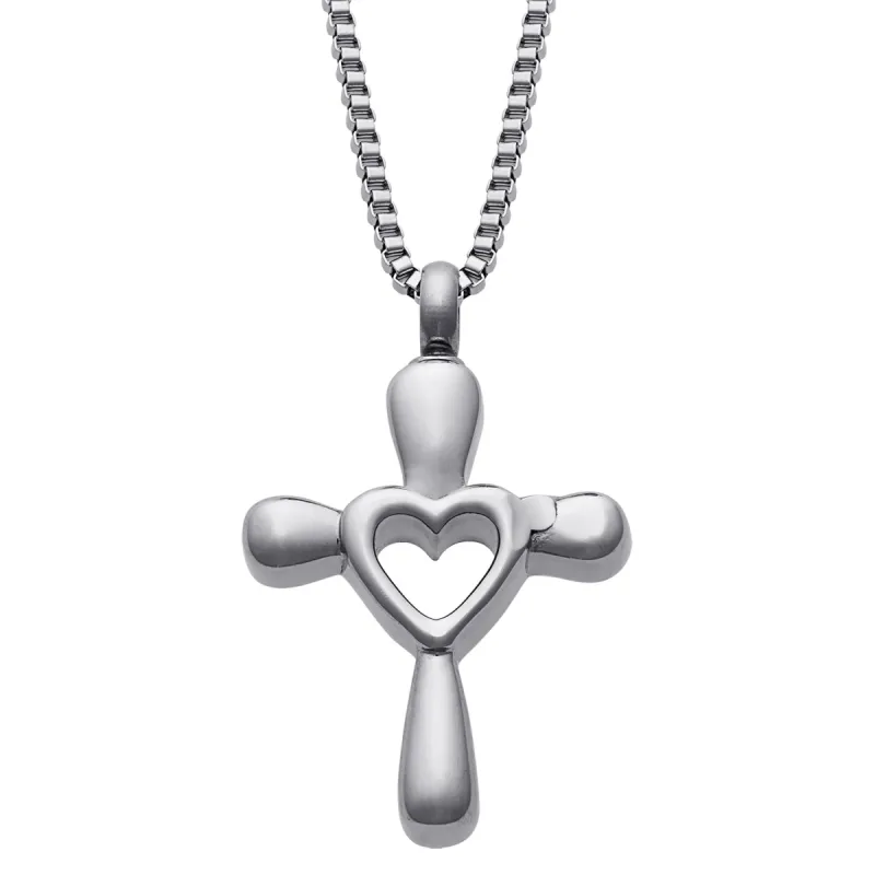Stainless Steel Cross with Heart Cremation Pendant sold by Limoges Jewelry