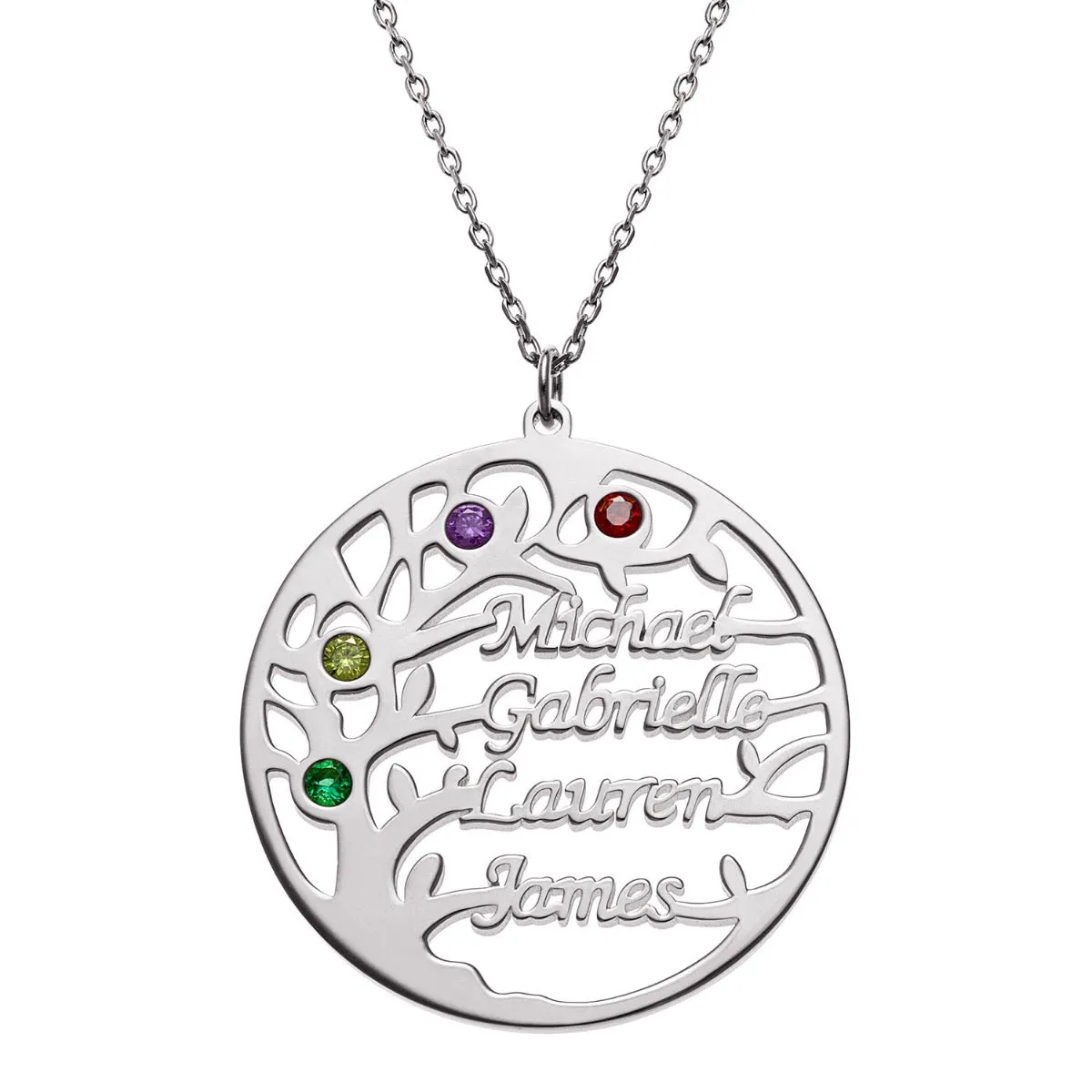 Silver Plated Name and Birthstone Family Tree Necklace sold by Limoges Jewelry