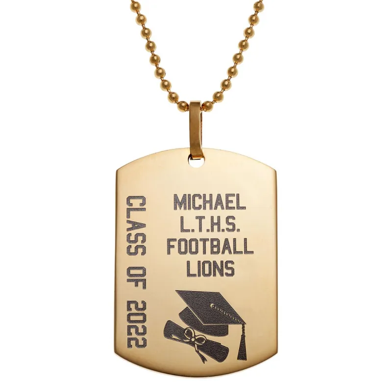 Stainless Steel Gold Graduation Dog Tag Pendant sold by Limoges Jewelry