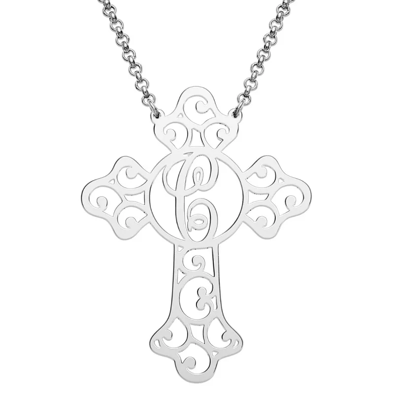 Silver Plated Filigree Cross with Initial Necklace sold by Limoges Jewelry