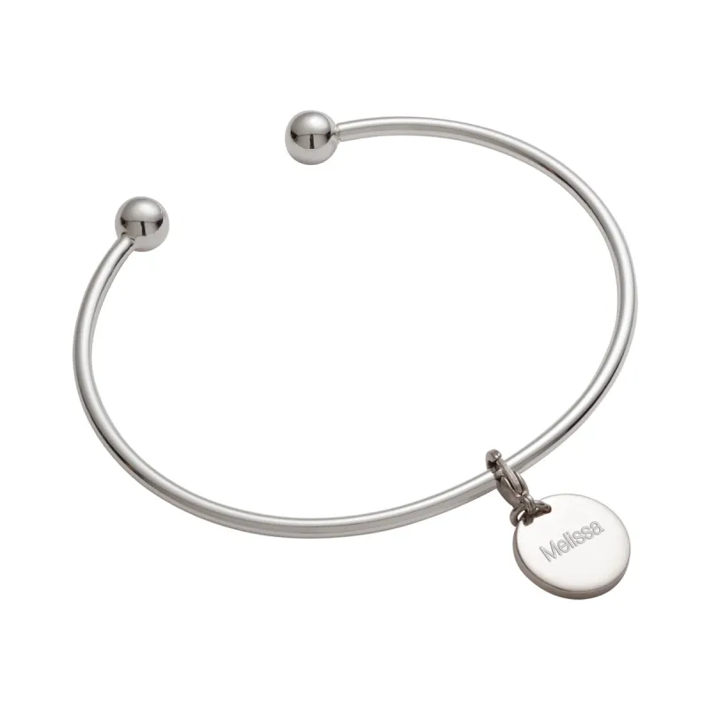 Silver Plated Engraved Round Charm with Plus Size- Removeable Bead Cuff Bracelet sold by Limoges Jewelry