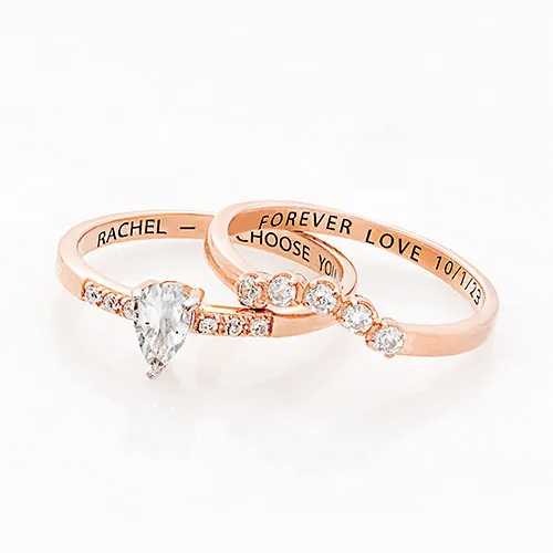 14K Rose Gold over Sterling Pear White Topaz 2 Piece Engraved Wedding Set sold by Limoges Jewelry product image thumbnail 4
