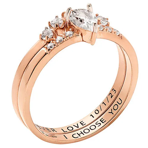 14K Rose Gold over Sterling Pear White Topaz 2 Piece Engraved Wedding Set sold by Limoges Jewelry product image thumbnail 2
