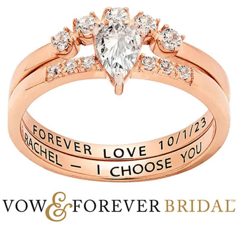 14K Rose Gold over Sterling Pear White Topaz 2 Piece Engraved Wedding Set sold by Limoges Jewelry
