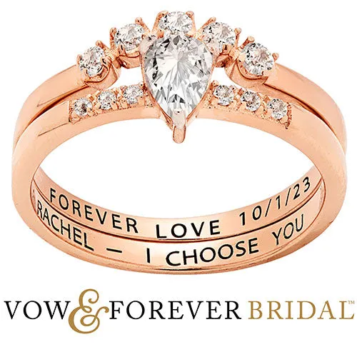 14K Rose Gold over Sterling Pear White Topaz 2 Piece Engraved Wedding Set sold by Limoges Jewelry