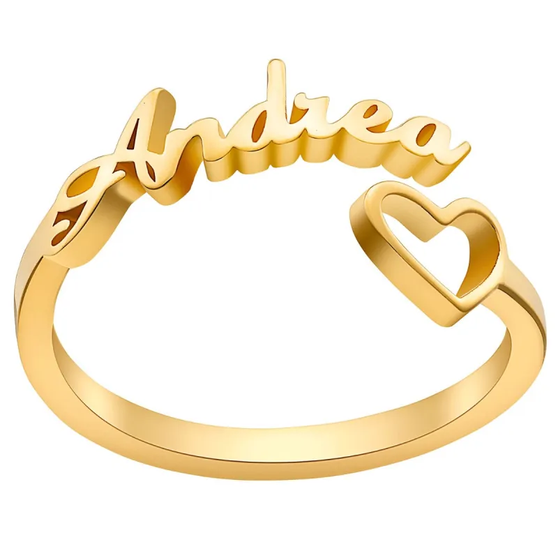 14K Gold Plated Script Name and Open Heart Bypass Ring sold by Limoges Jewelry