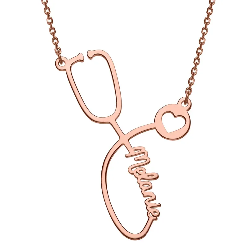 14K Rose Gold over Sterling Script Name Stethoscope with Heart Necklace sold by Limoges Jewelry