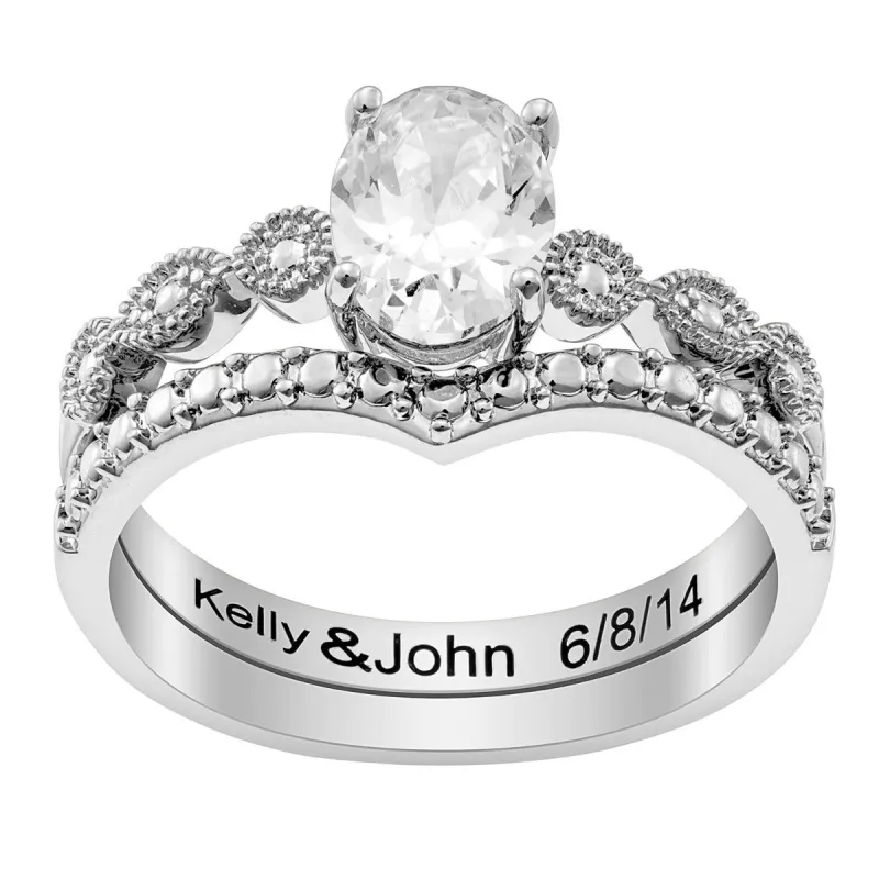 Silver Plated Oval Stone 2 Piece Wedding Ring Set sold by Limoges Jewelry