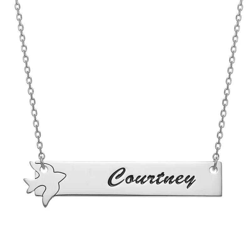 Sterling Silver Name Bar with Dove Necklace sold by Limoges Jewelry